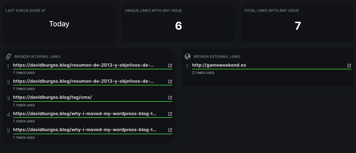 Screenshot of the broken link report