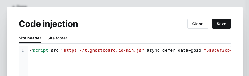 Screenshot when pasting the Ghostboard tracking code in a Ghost Admin