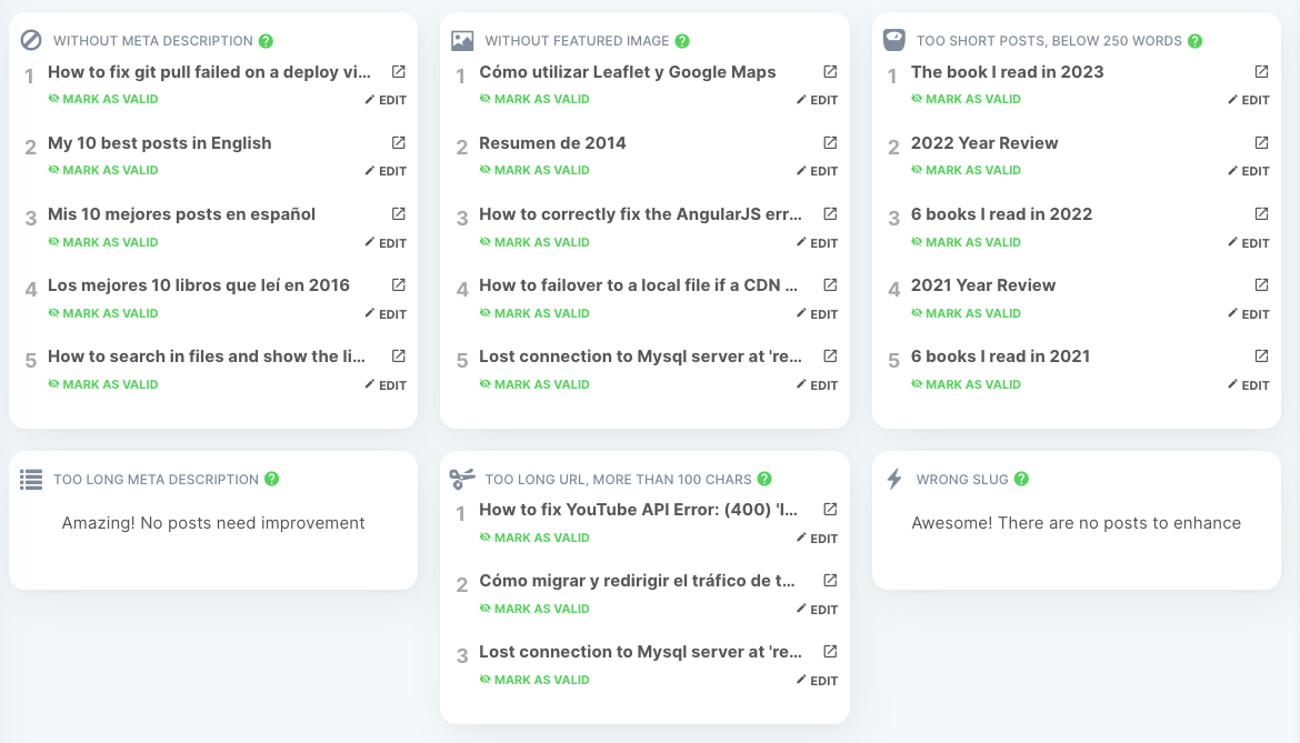 Screenshot of the SEO report