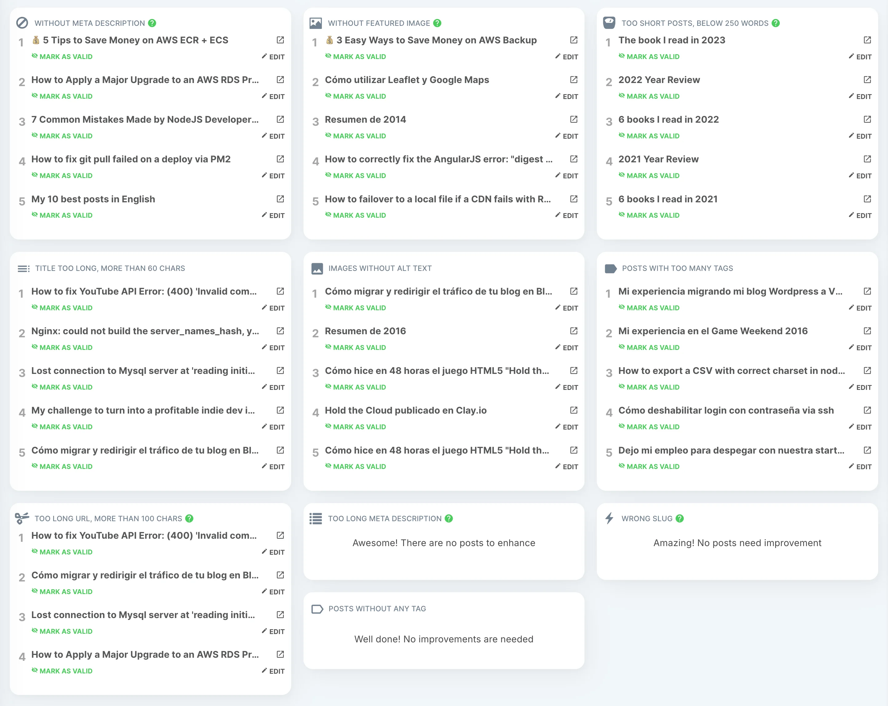 Screenshot of the SEO report